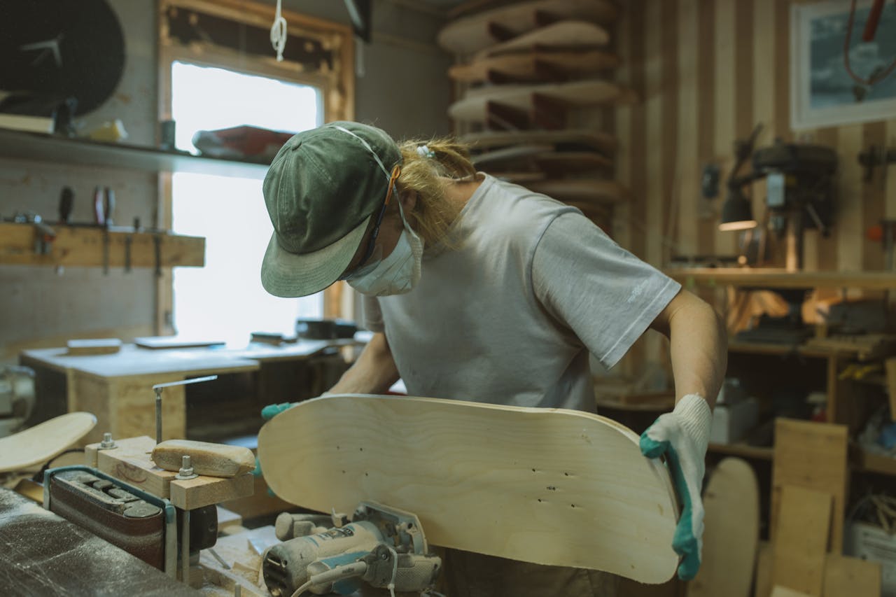 A skilled craftsman uses a router to shape a skateboard deck in a workshop.